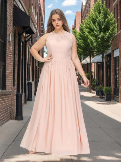 Sleeveless Floor-Length Chiffon Plus Size A-Line Princess Scoop Bridesmaid Dress