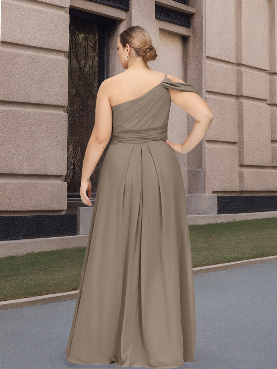 Plus Size One-Shoulder Floor-Length Bridesmaid Dress with Ruffles and Spaghetti Straps