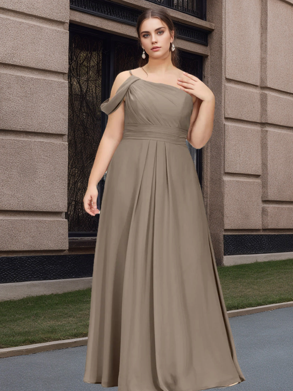 Plus Size One-Shoulder Floor-Length Bridesmaid Dress with Ruffles and Spaghetti Straps