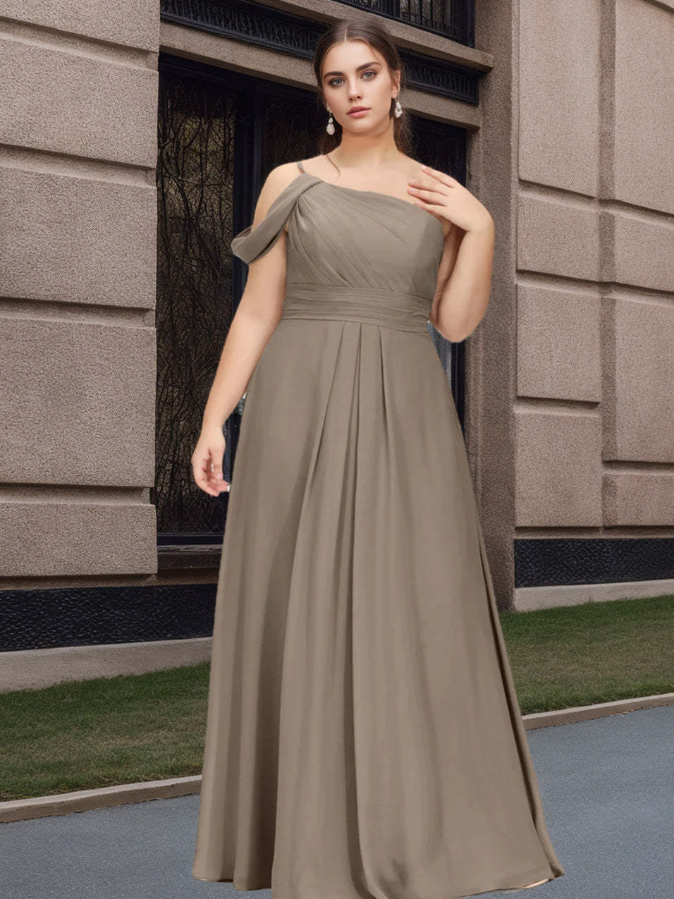 Plus Size One-Shoulder Floor-Length Bridesmaid Dress with Ruffles and Spaghetti Straps