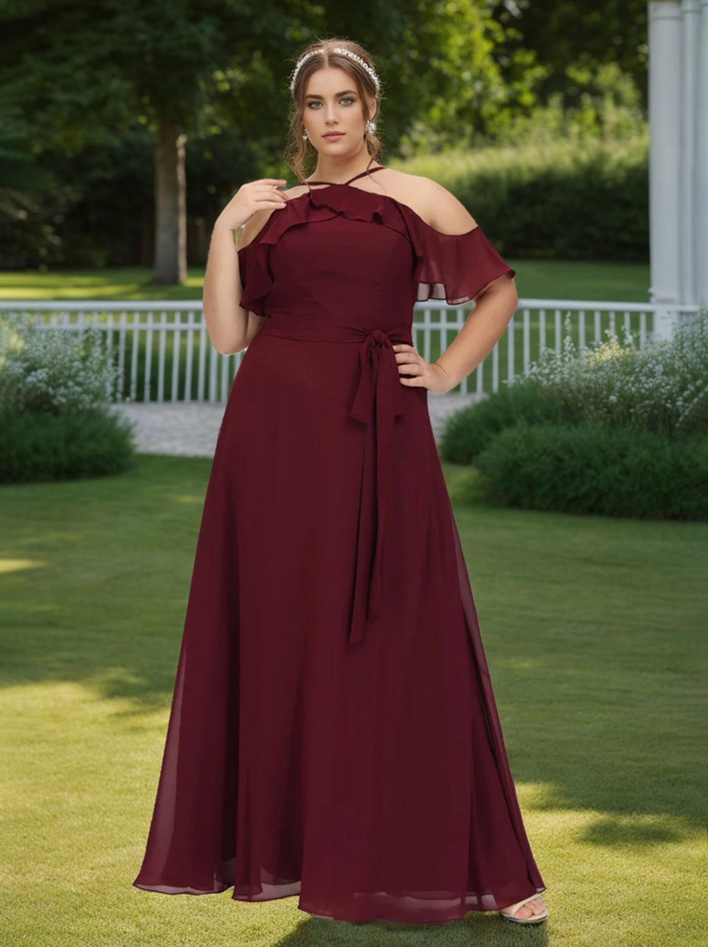 Plus Size Floor-Length A-Line Bridesmaid Dress with Short Sleeves and Bowknot