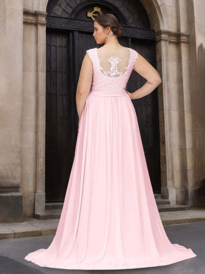 Plus Size Floor-Length Chiffon Bridesmaid Dress with Scoop Neck and Lace Appliques in A-Line/Princess Style-BMbridal.UK