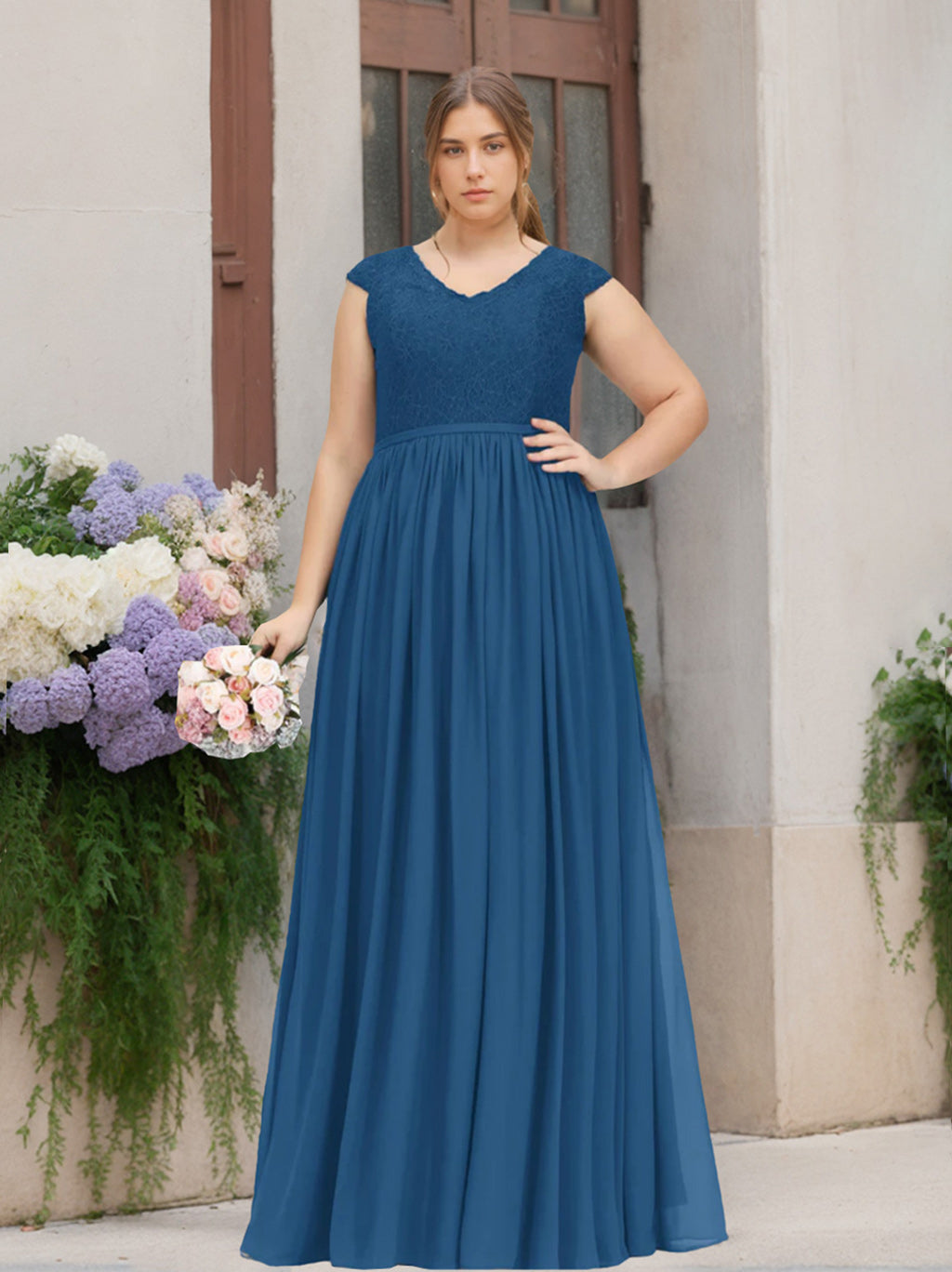 Plus Size Floor-Length A-Line Bridesmaid Dresses with Scoop Neck, Short Sleeves, and Embroidery