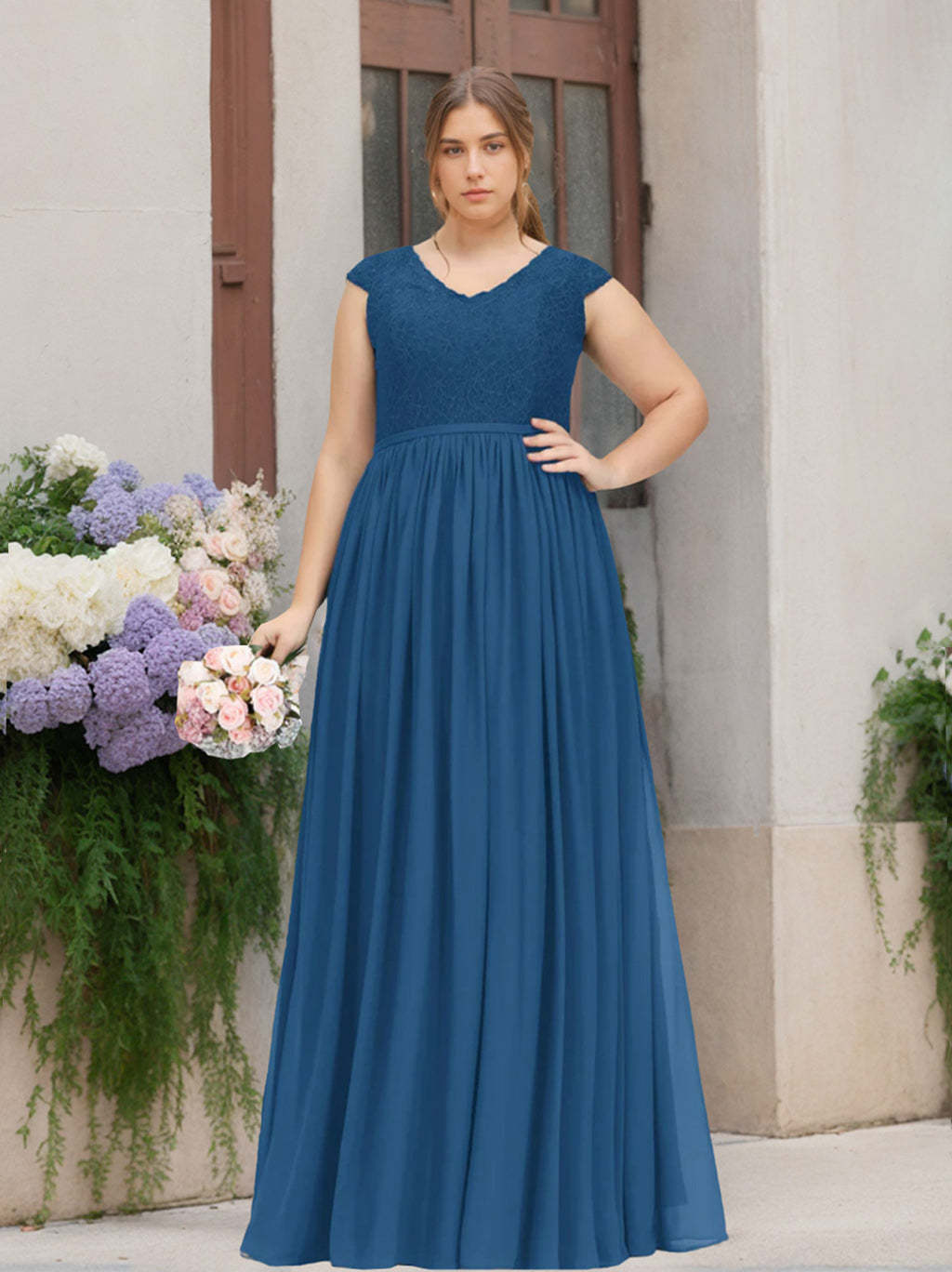 Plus Size Floor-Length A-Line Bridesmaid Dresses with Scoop Neck, Short Sleeves, and Embroidery