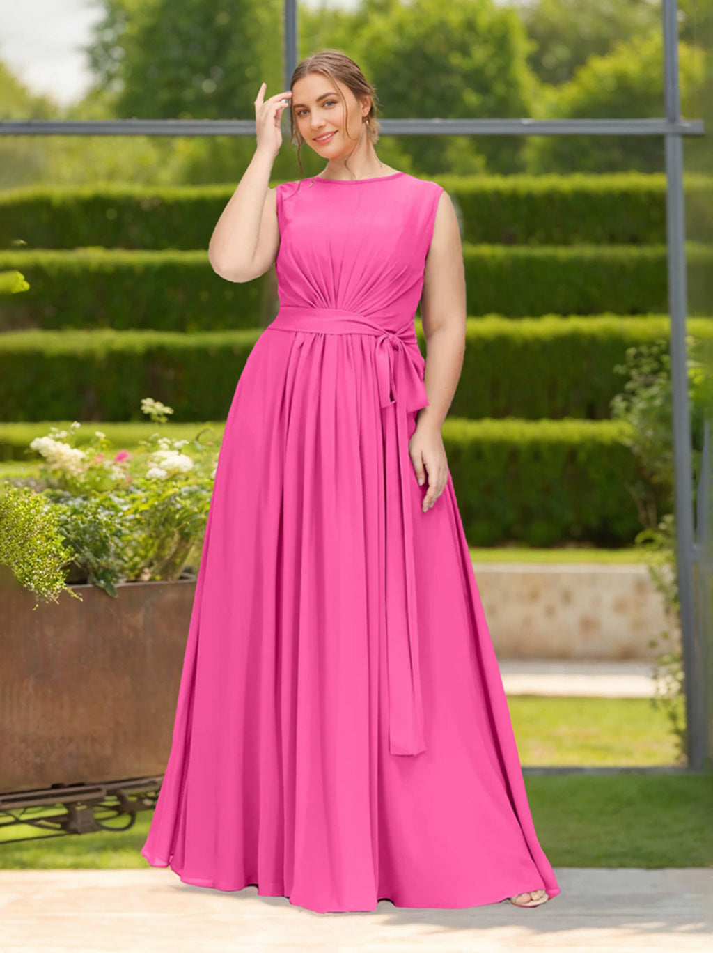 Plus Size Floor-Length Chiffon Bridesmaid Dress with Scoop Neck, Ruffles, and Bowknot in A-Line/Princess Style-BMbridal.UK