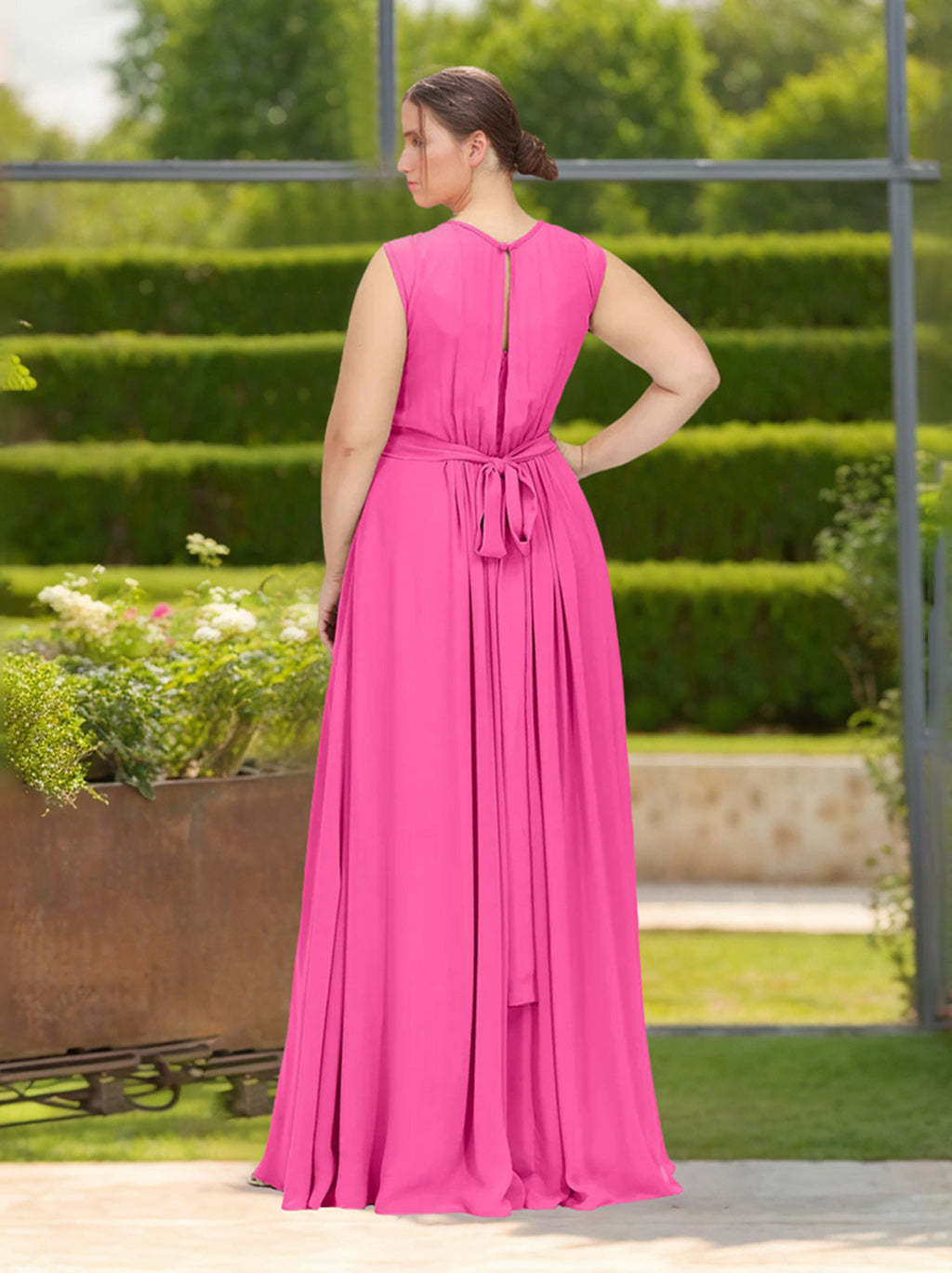 Plus Size Floor-Length Chiffon Bridesmaid Dress with Scoop Neck, Ruffles, and Bowknot in A-Line/Princess Style-BMbridal.UK