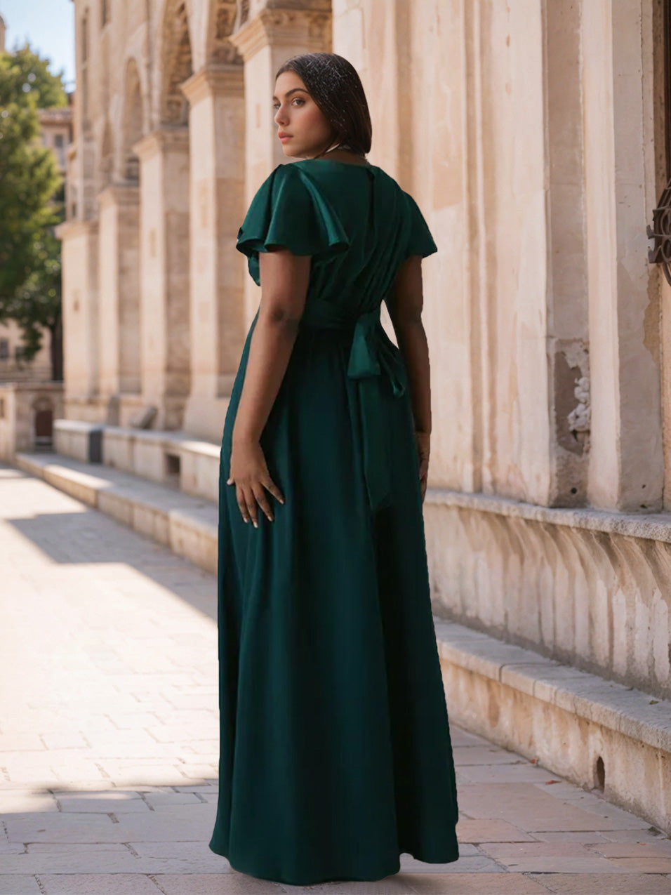 Plus Size Stretch Satin Bridesmaid Dress with V-Neck and Short Sleeves in A-Line/Princess Floor-Length-BMbridal.UK