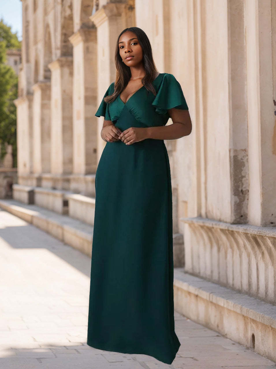 Plus Size Stretch Satin Bridesmaid Dress with V-Neck and Short Sleeves in A-Line/Princess Floor-Length-BMbridal.UK