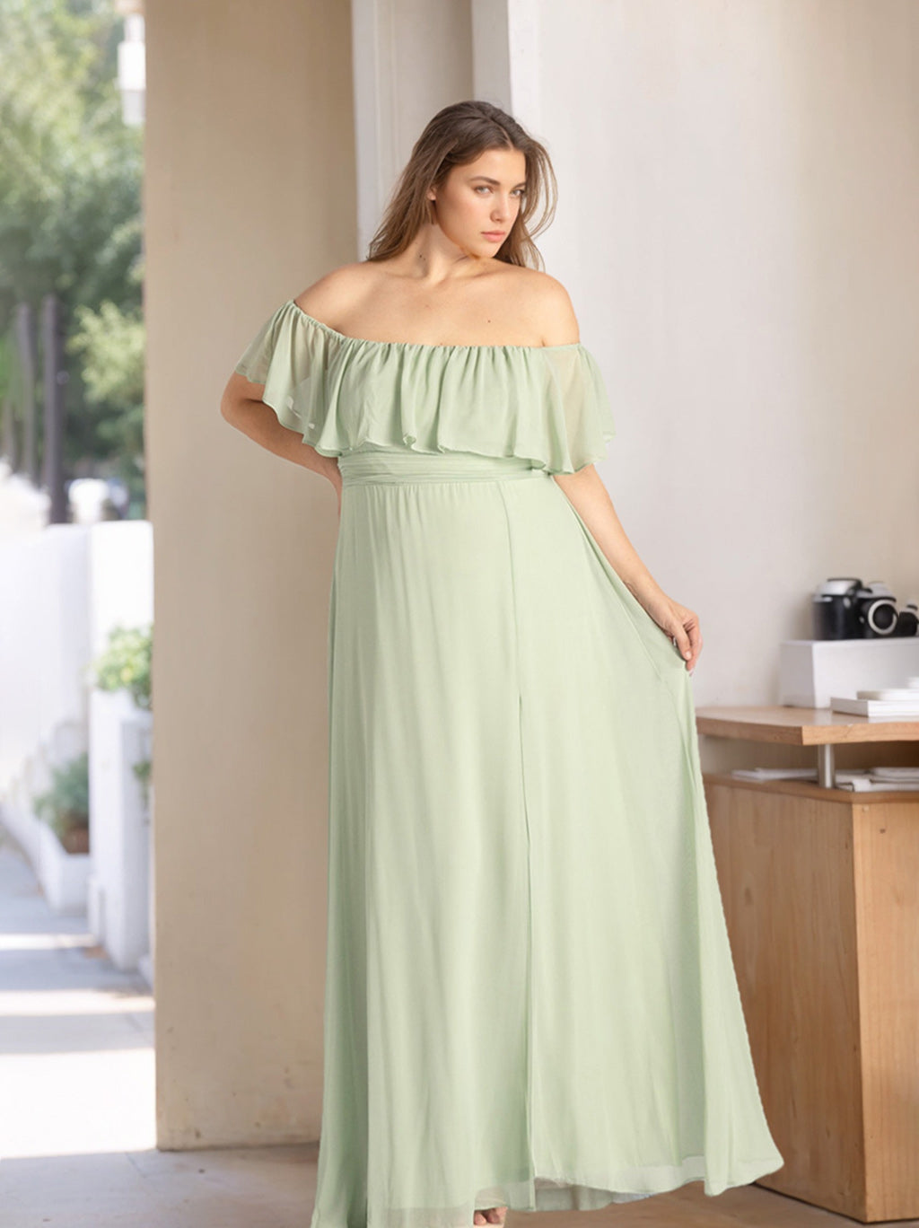 Plus Size Floor-Length Chiffon Bridesmaid Dresses with Ruffles in A-Line/Princess Off-the-Shoulder Style-BMbridal.UK
