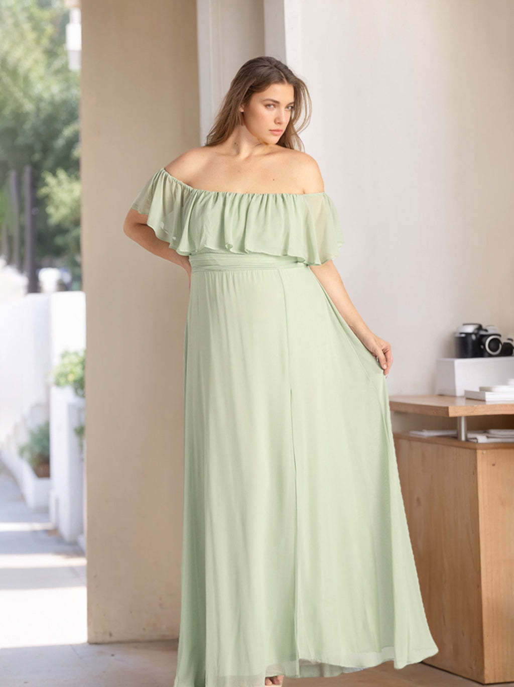 Plus Size Floor-Length Chiffon Bridesmaid Dresses with Ruffles in A-Line/Princess Off-the-Shoulder Style-BMbridal.UK
