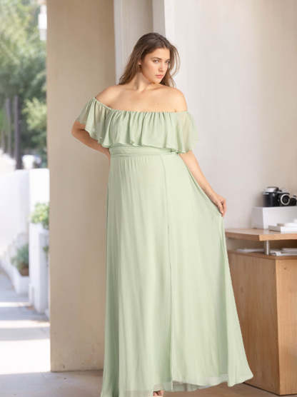 Plus Size Floor-Length Chiffon Bridesmaid Dresses with Ruffles in A-Line/Princess Off-the-Shoulder Style-BMbridal.UK