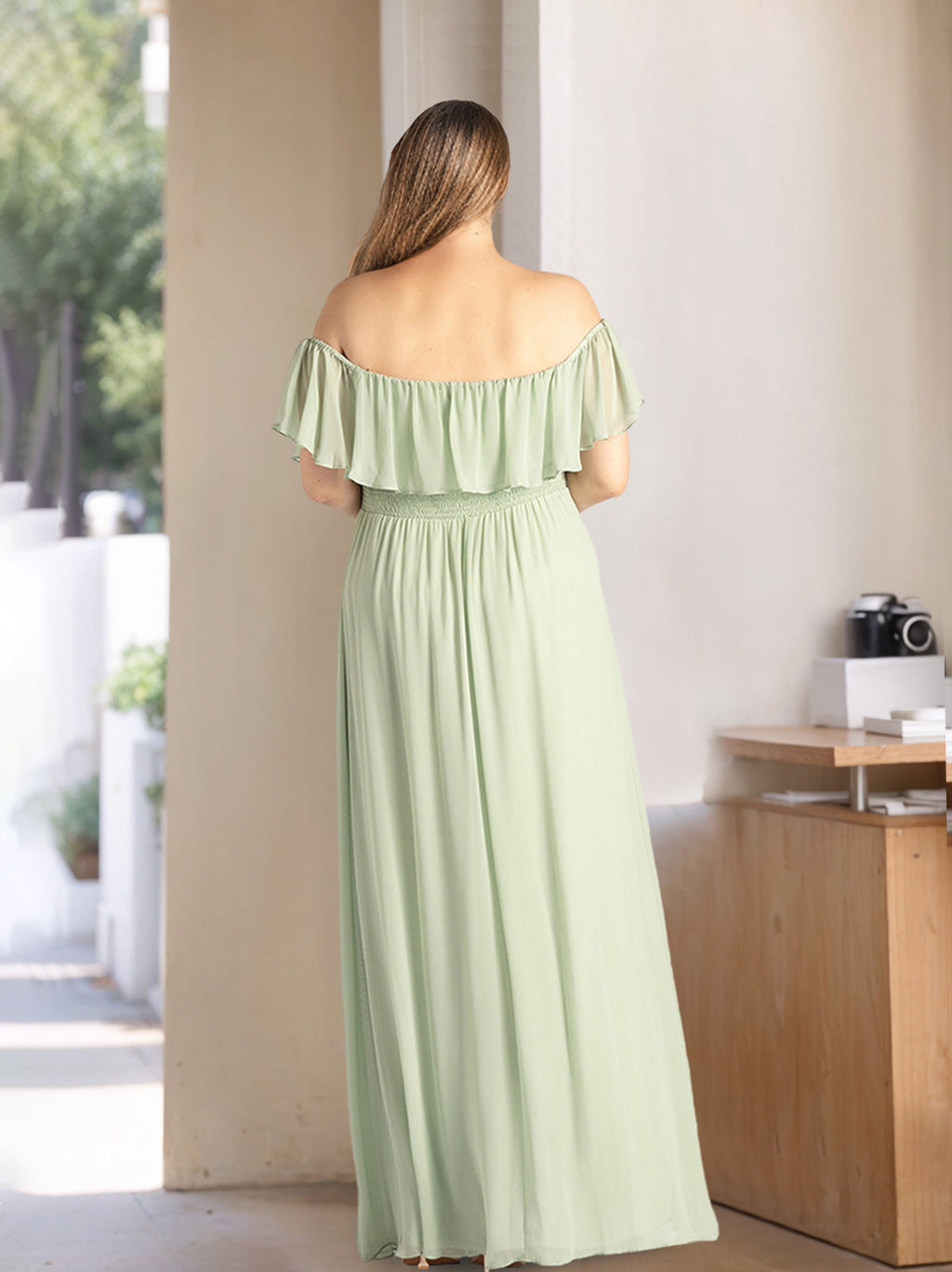 Plus Size Floor-Length Chiffon Bridesmaid Dresses with Ruffles in A-Line/Princess Off-the-Shoulder Style-BMbridal.UK