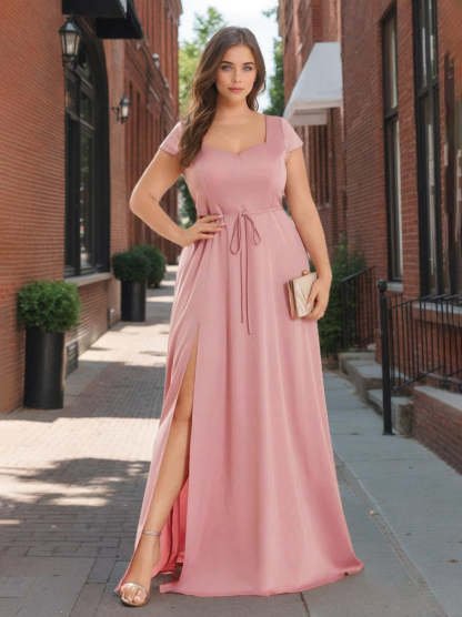 Sweetheart Neck A-Line Princess Floor-Length Plus Size Bridesmaid Dress with Side Split and Short Sleeves-BMbridal.UK