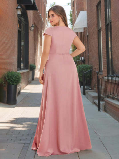 Sweetheart Neck A-Line Princess Floor-Length Plus Size Bridesmaid Dress with Side Split and Short Sleeves-BMbridal.UK