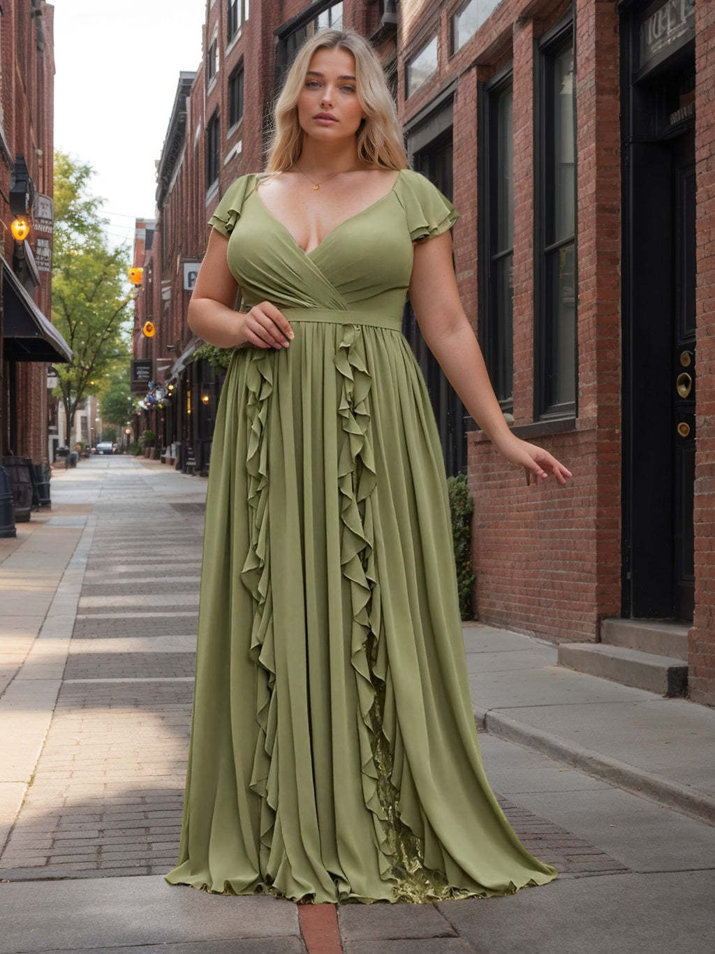 Plus Size Floor-Length Chiffon Bridesmaid Dress with Ruched Detail Deep V-Neck and Short Sleeves