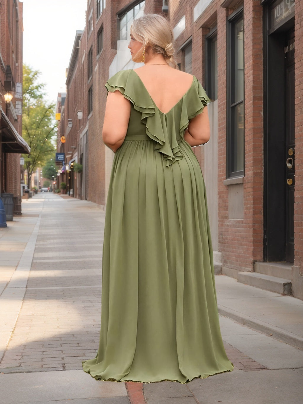 Plus Size Floor-Length Chiffon Bridesmaid Dress with Ruched Detail Deep V-Neck and Short Sleeves