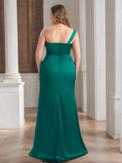 One-Shoulder Plus Size Floor-Length Bridesmaid Dress with Side Split and Ruffled Sheath/Column Design-BMbridal.UK