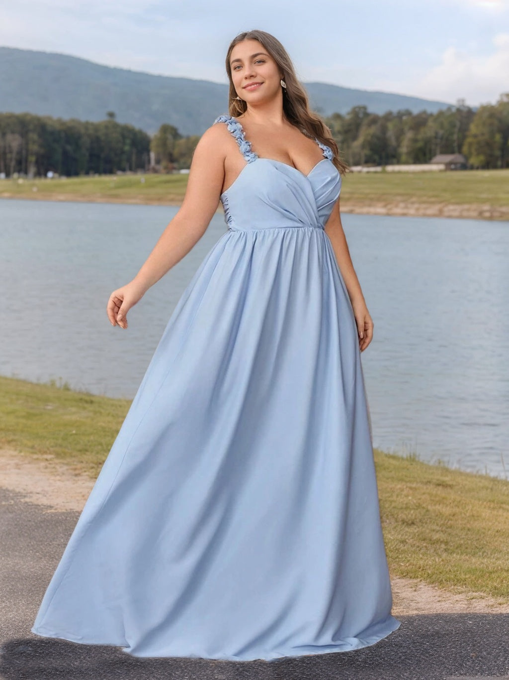Plus Size Floor-Length A-Line Princess Bridesmaid Dress with Sweetheart Neckline, Ruffles & 3D Flower-BMbridal.UK