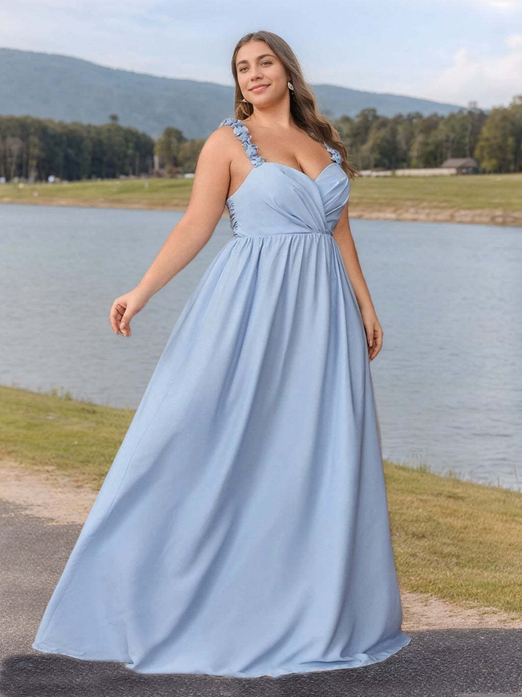 Plus Size Floor-Length A-Line Princess Bridesmaid Dress with Sweetheart Neckline, Ruffles & 3D Flower-BMbridal.UK