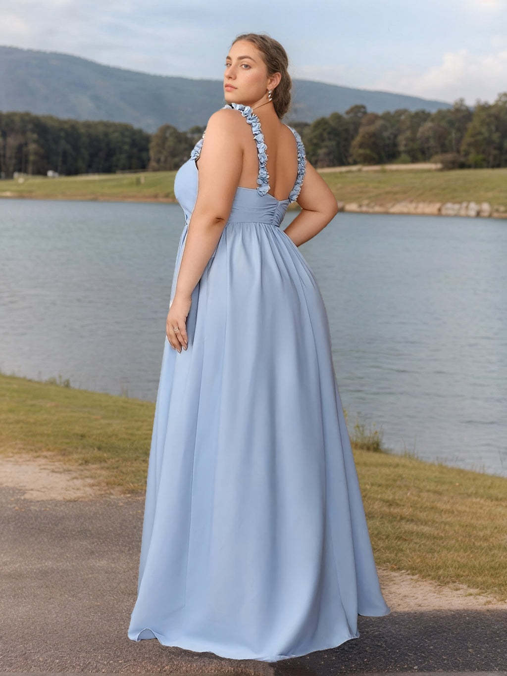 Plus Size Floor-Length A-Line Princess Bridesmaid Dress with Sweetheart Neckline, Ruffles & 3D Flower-BMbridal.UK