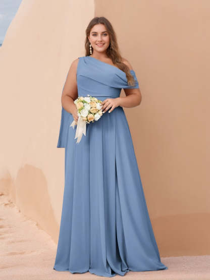 One-Shoulder A-Line Princess Floor-Length Plus Size Ruffled Bridesmaid Dress