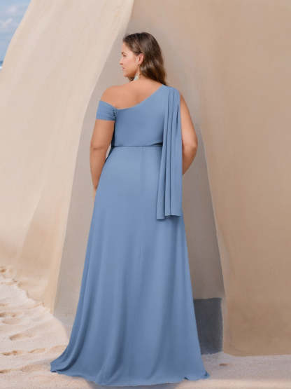 One-Shoulder A-Line Princess Floor-Length Plus Size Ruffled Bridesmaid Dress