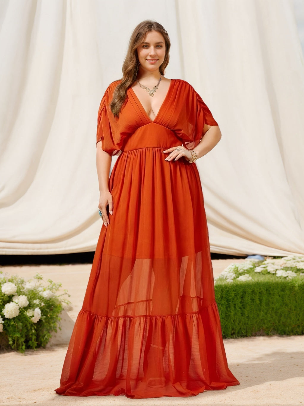 Plus Size Floor-Length Bridesmaid Dresses with Ruffles Deep V-Neck and Half Sleeves