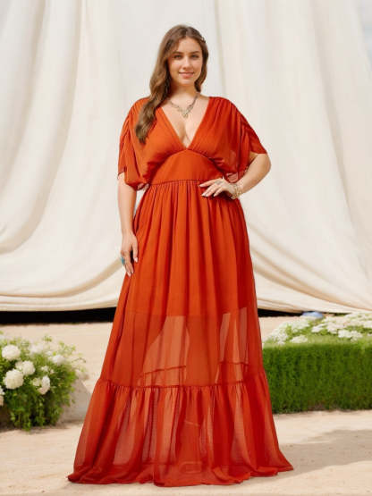 Plus Size Floor-Length Bridesmaid Dresses with Ruffles Deep V-Neck and Half Sleeves