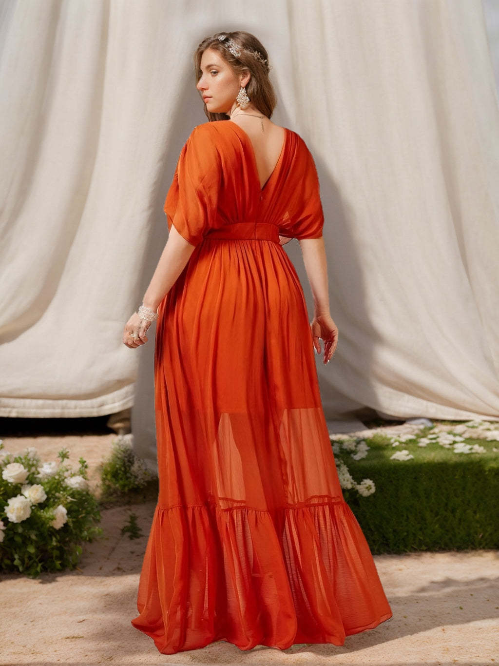 Plus Size Floor-Length Bridesmaid Dresses with Ruffles Deep V-Neck and Half Sleeves