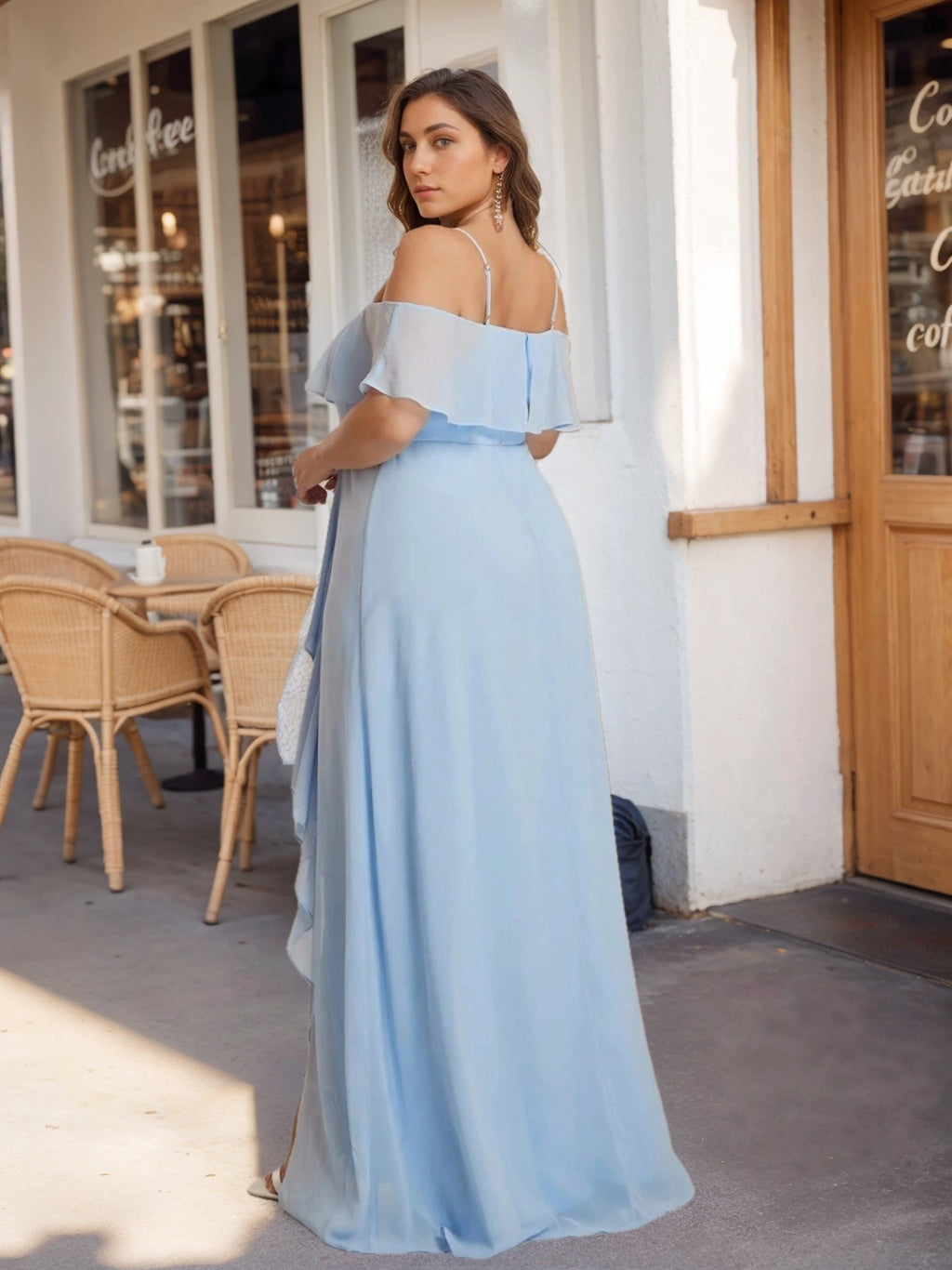 Spaghetti Strap Off-the-Shoulder Chiffon A-Line/Princess Plus Size Bridesmaid Dress with Side Split