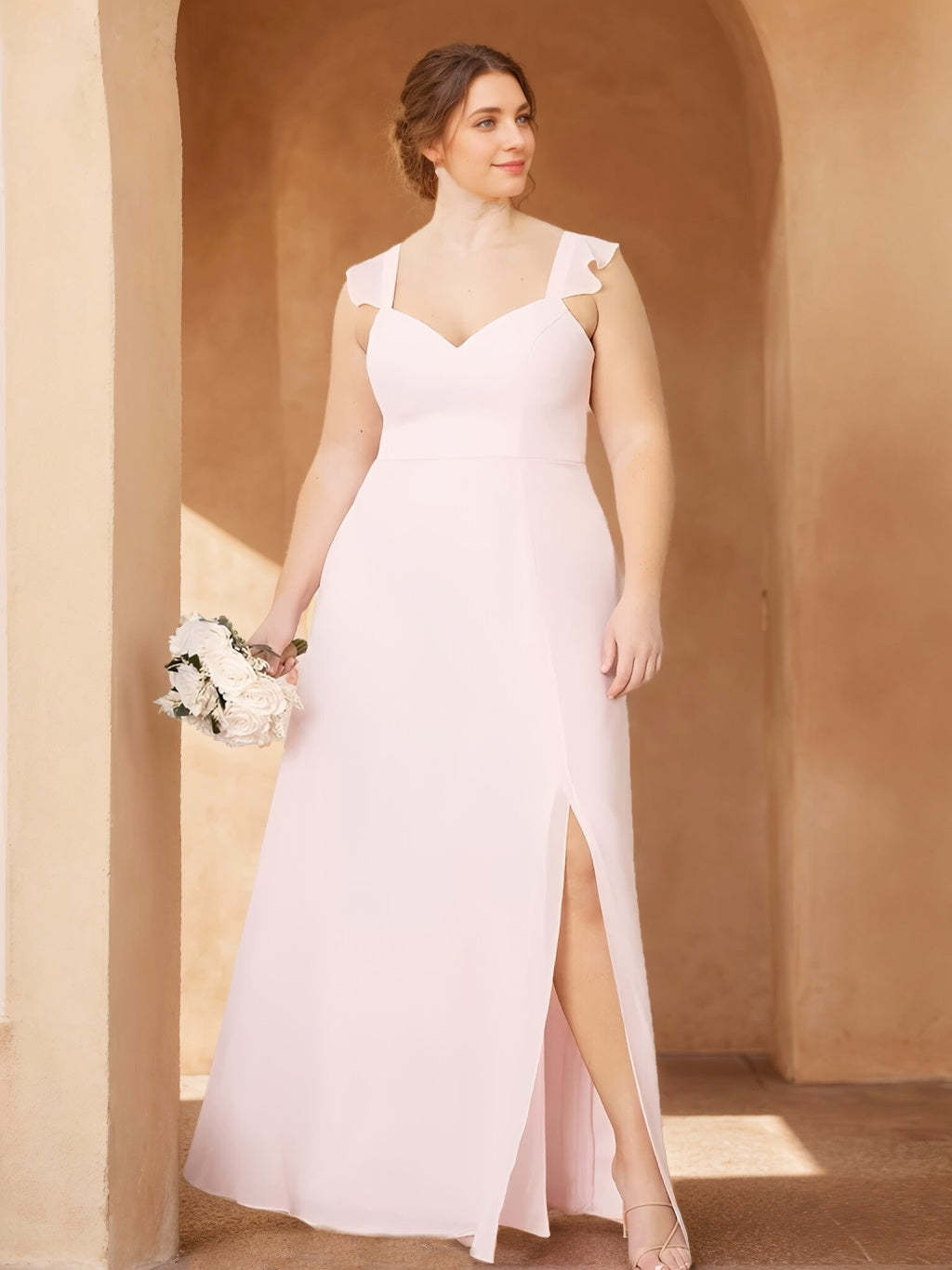 Plus Size Floor-Length Sleeveless Bridesmaid Dress with Side Split in A-Line/Princess V-Neck