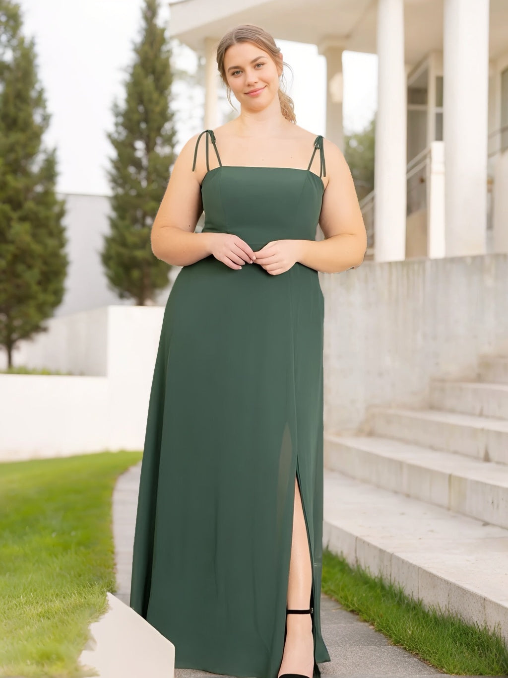 Unique Plus Size Spaghetti Strap Princess A-Line Floor-Length Bridesmaid Dress with Side Split