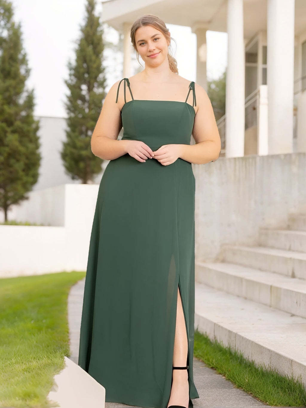 Unique Plus Size Spaghetti Strap Princess A-Line Floor-Length Bridesmaid Dress with Side Split
