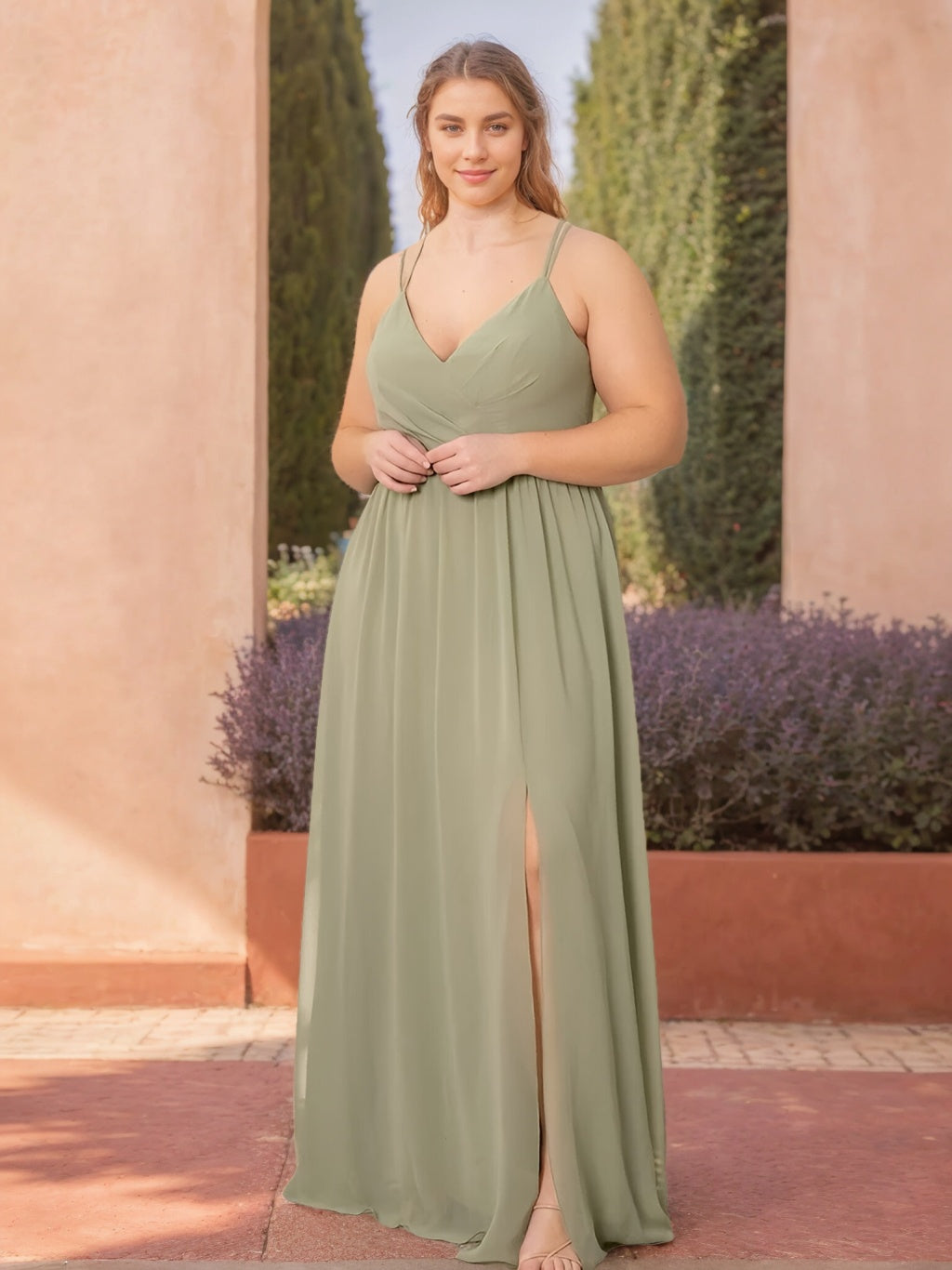 Plus Size Floor-Length Bridesmaid Dress with V-Neck and Spaghetti Straps, A-Line/Princess Cut, Side Split-BMbridal.UK