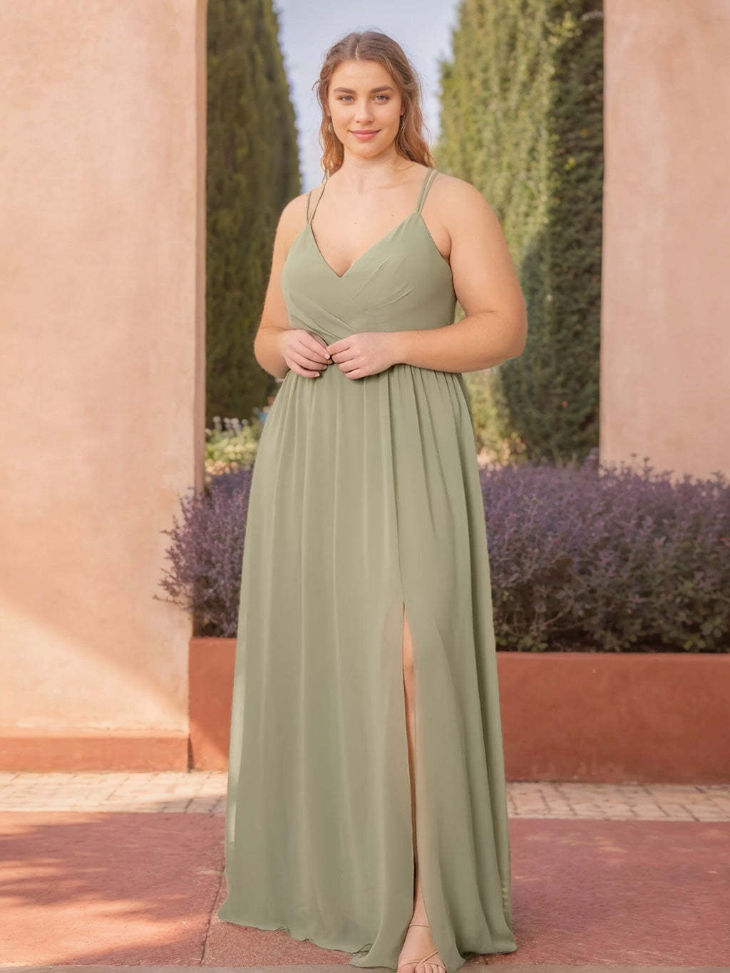 Princess A-Line V-Neck Floor-Length Plus Size Bridesmaid Dress with Spaghetti Straps and Side Split