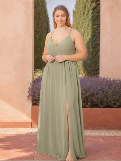 Princess A-Line V-Neck Floor-Length Plus Size Bridesmaid Dress with Spaghetti Straps and Side Split