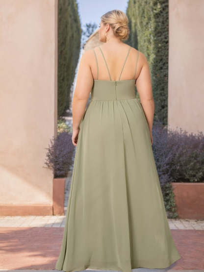 Princess A-Line V-Neck Floor-Length Plus Size Bridesmaid Dress with Spaghetti Straps and Side Split