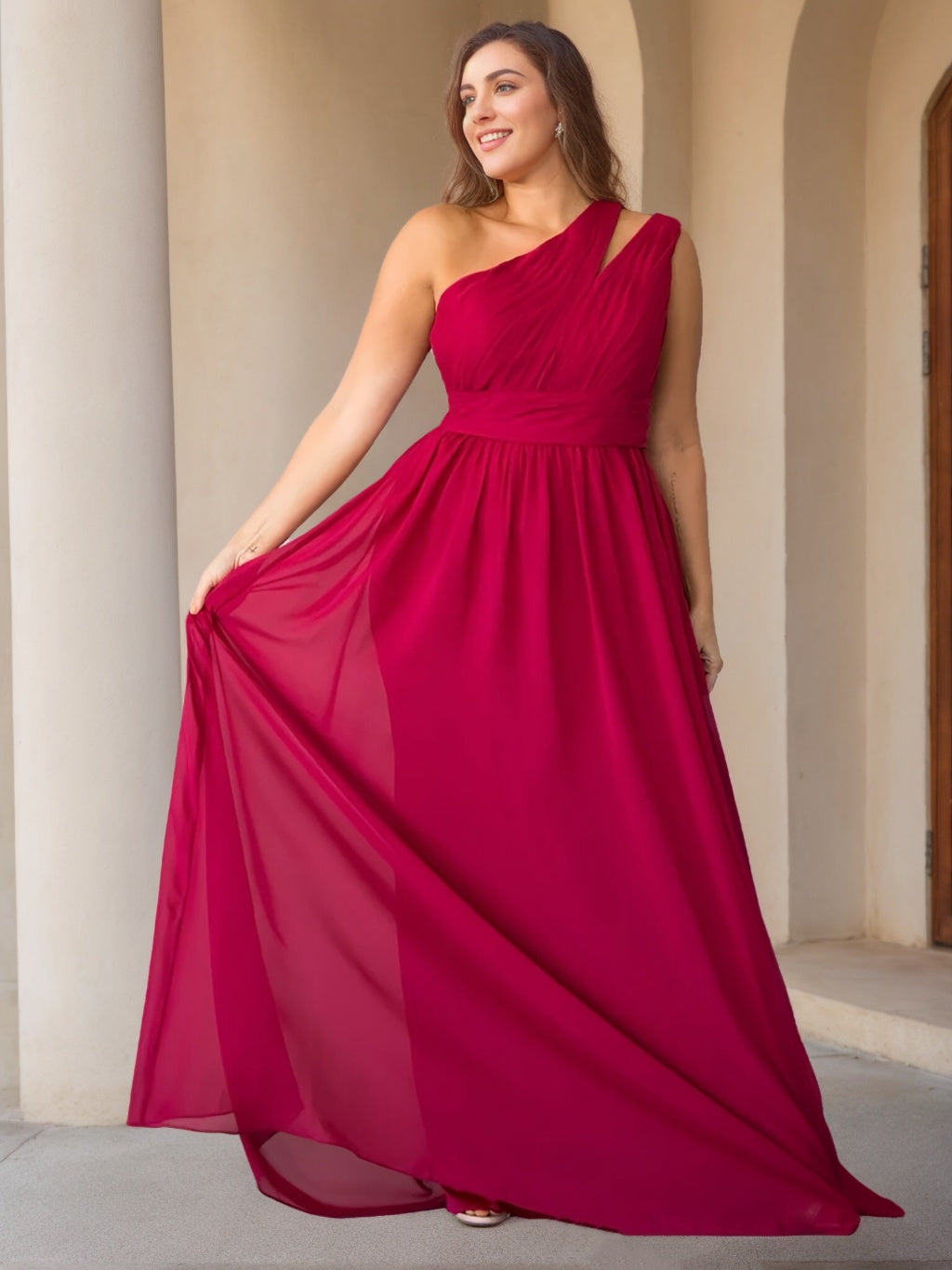 Unique Plus Size One-Shoulder A-Line Floor-Length Bridesmaid Dress With Ruffles