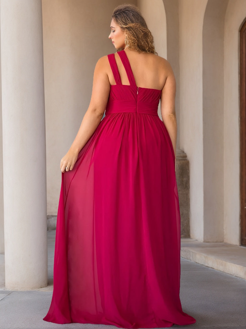 Unique Plus Size One-Shoulder A-Line Floor-Length Bridesmaid Dress With Ruffles