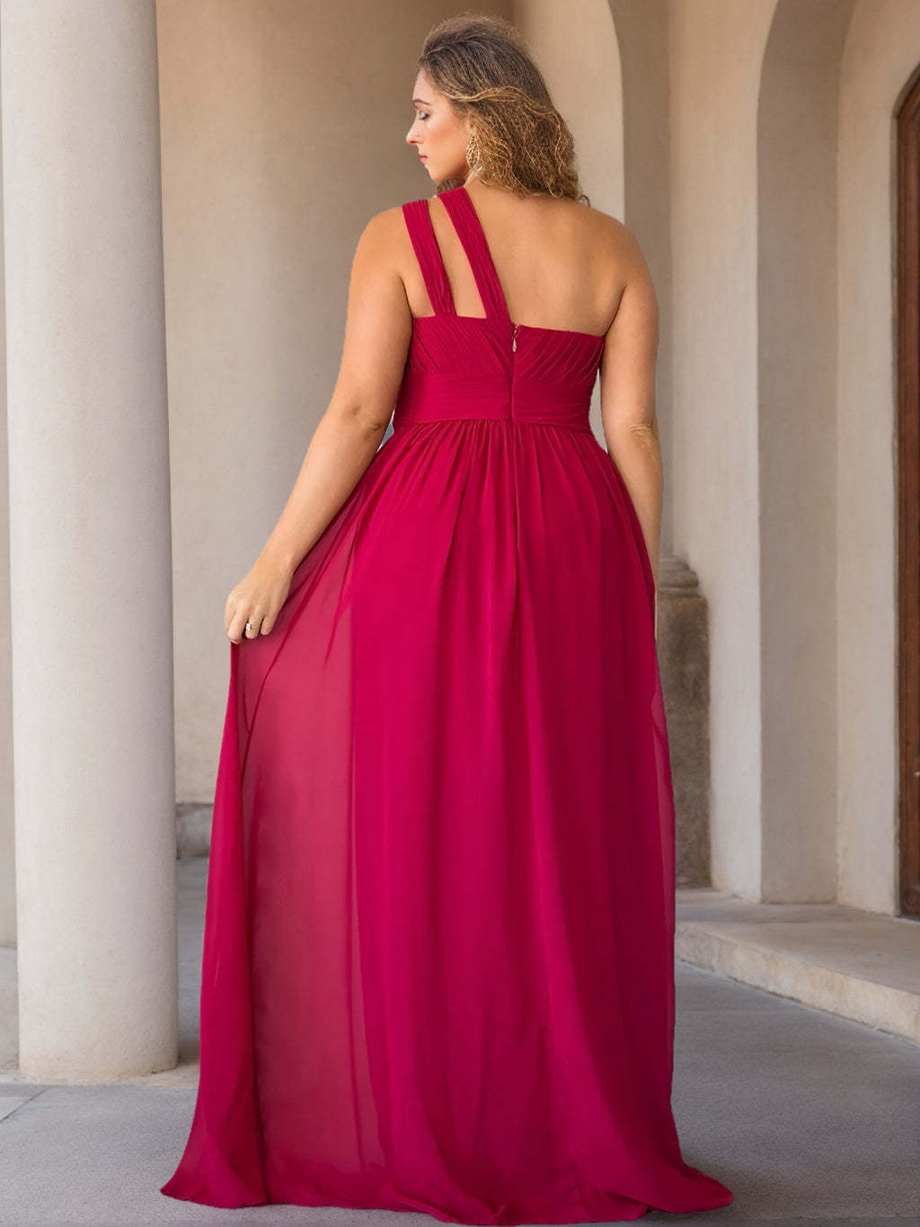 Unique Plus Size One-Shoulder A-Line Floor-Length Bridesmaid Dress With Ruffles