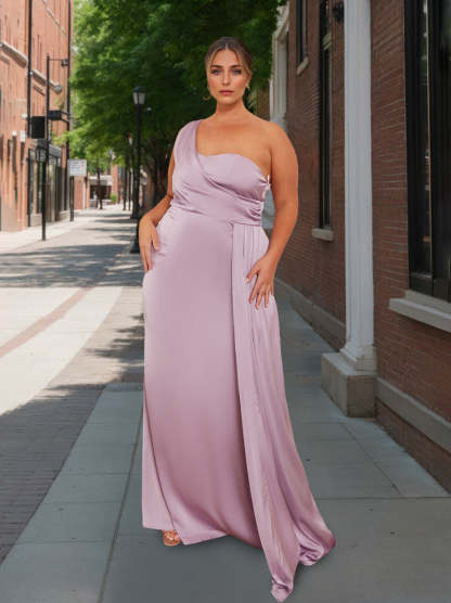 Plus Size Satin Bridesmaid Dress with Watteau Train: One-Shoulder A-Line Floor-Length Design