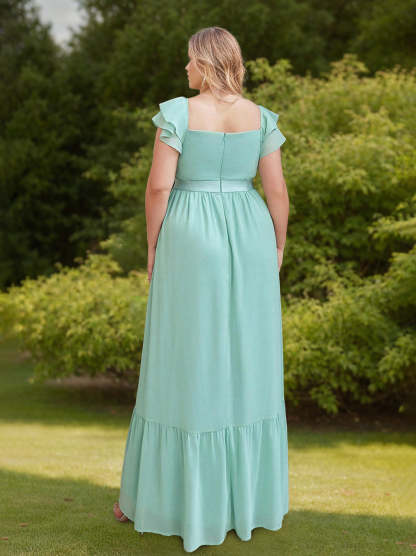 Sweetheart Neckline A-Line Princess Floor-Length Plus Size Bridesmaid Dress with Short Sleeves, Side Split & Ruffles-BMbridal.UK