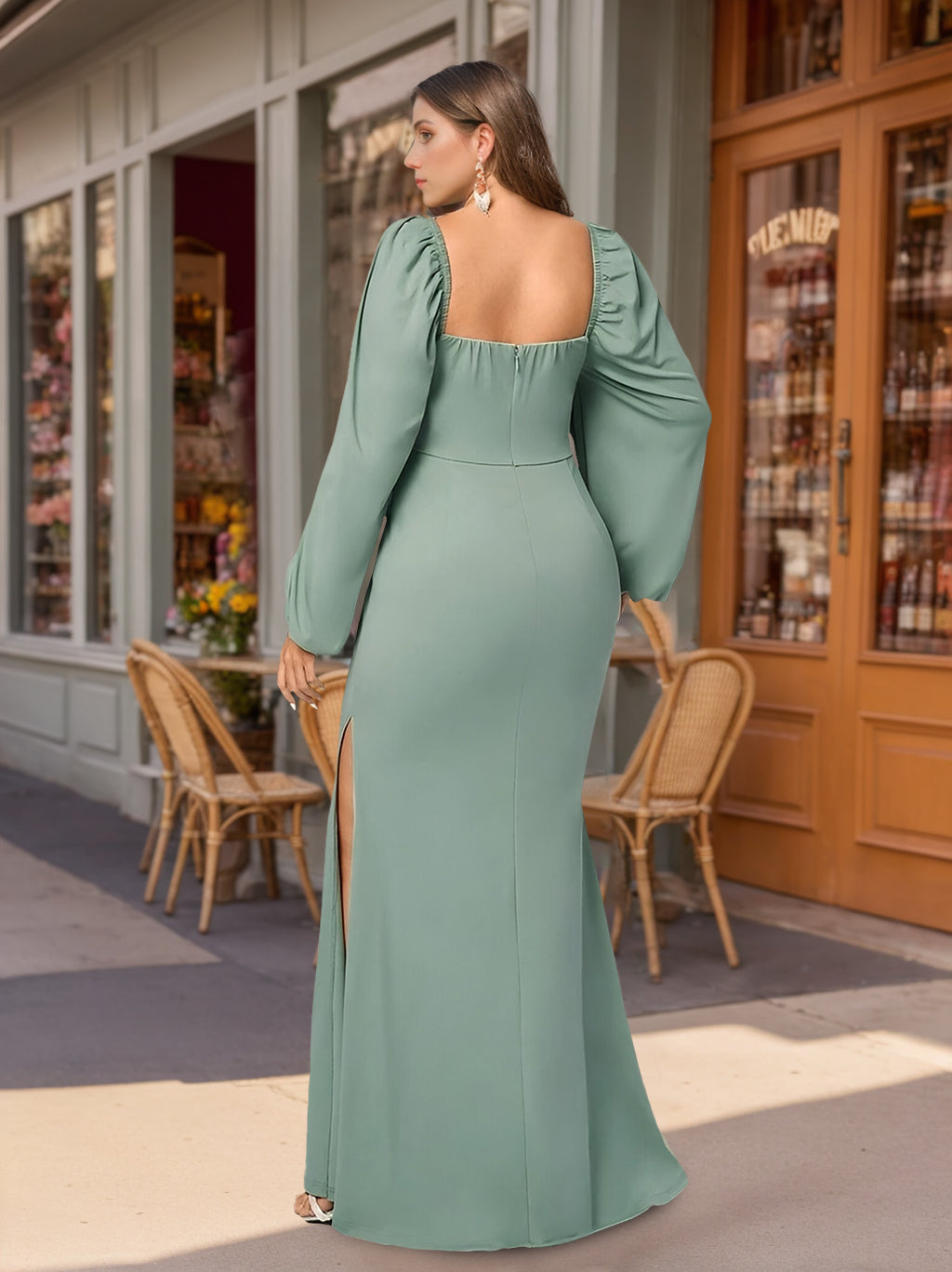 Unique Plus Size Floor-Length Bridesmaid Dresses with Ruffles, Deep V-Neck and Long Sleeves