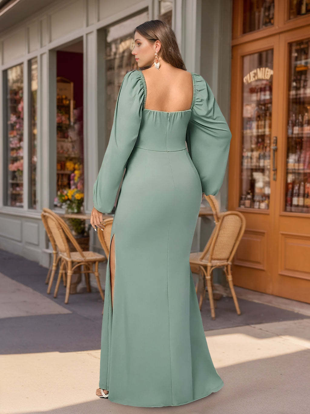 Unique Plus Size Floor-Length Bridesmaid Dresses with Ruffles, Deep V-Neck and Long Sleeves