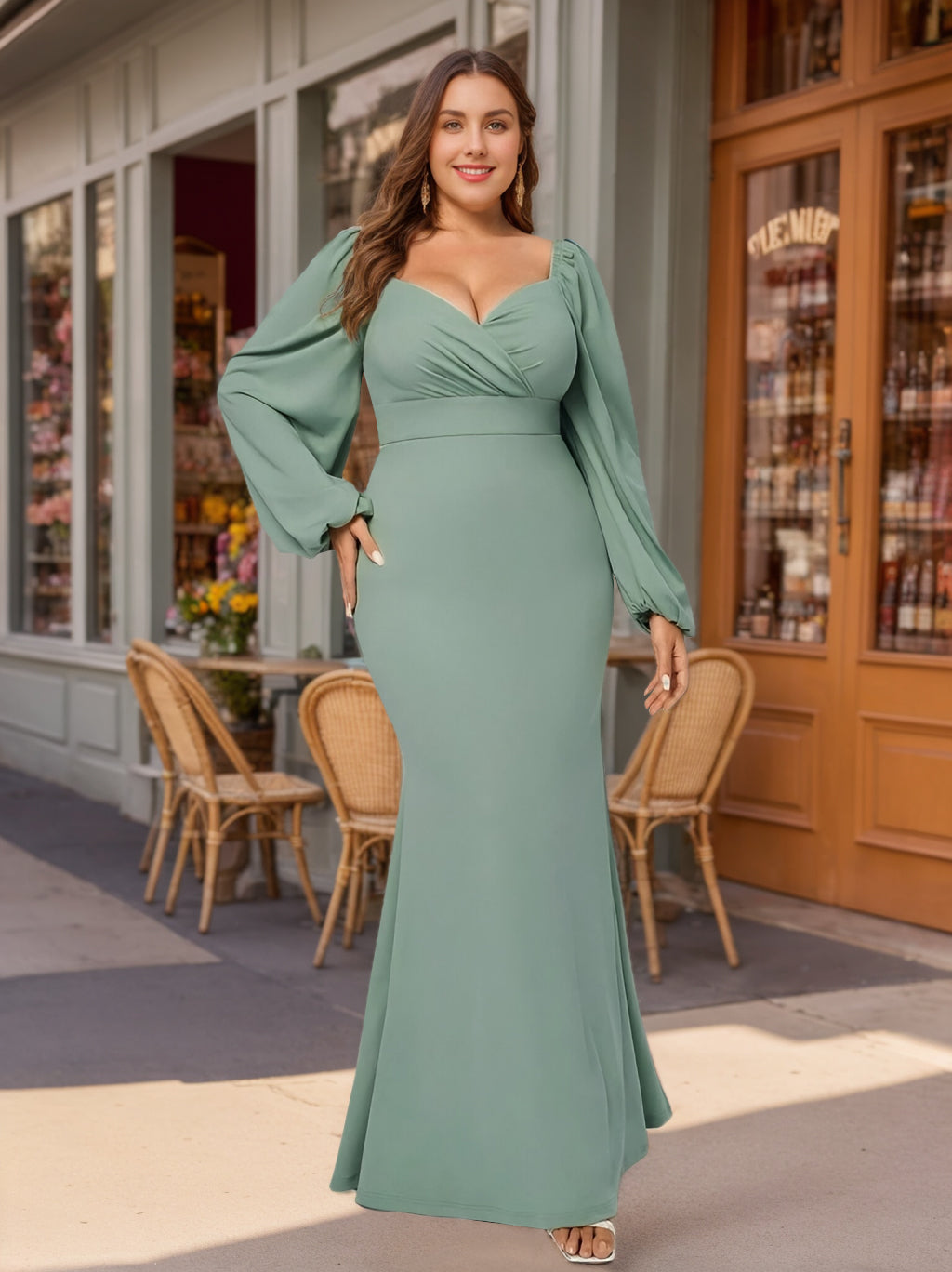 Unique Plus Size Floor-Length Bridesmaid Dresses with Ruffles, Deep V-Neck and Long Sleeves