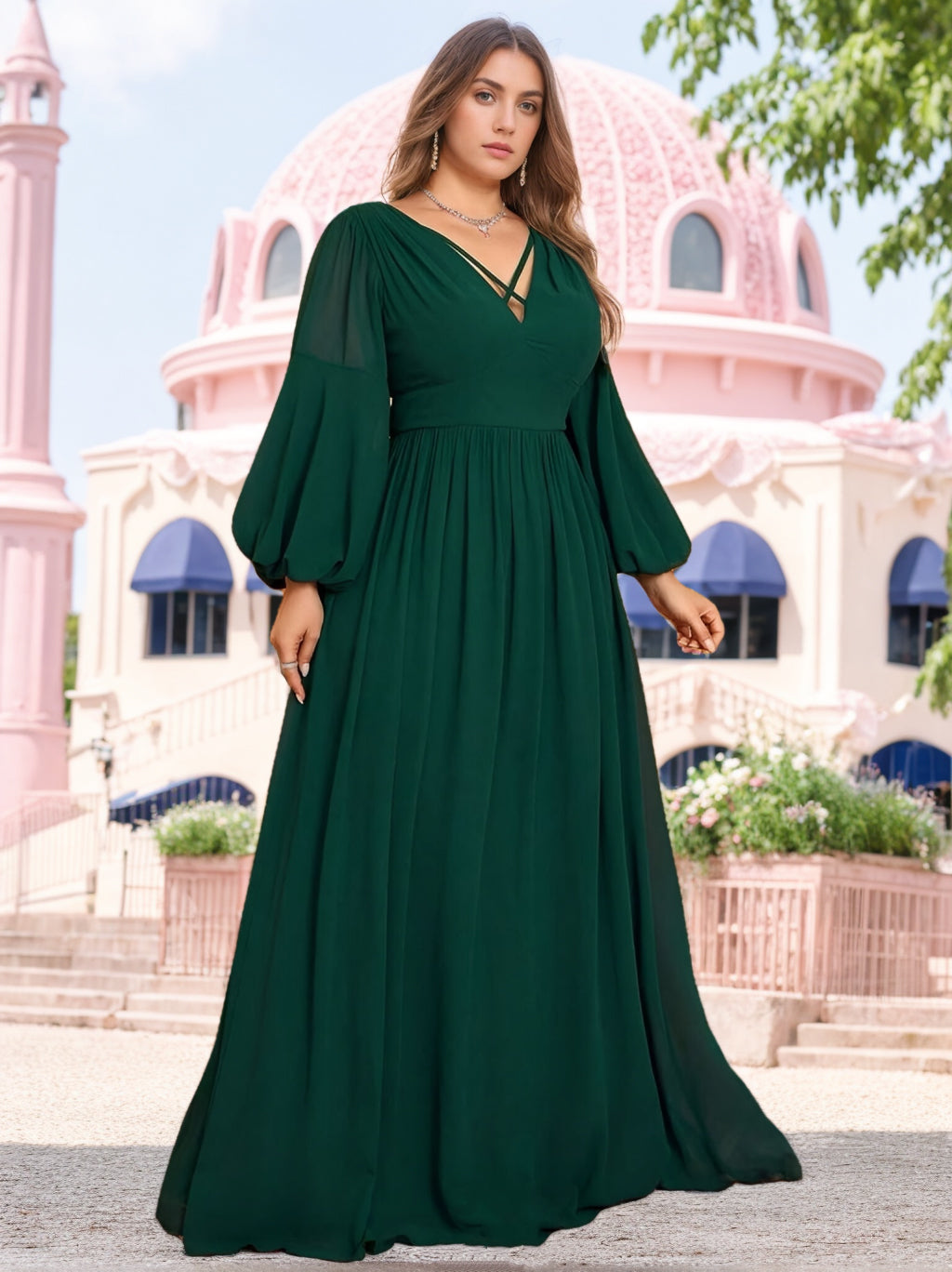 Princess A-Line Floor-Length Plus Size Bridesmaid Dresses with V-Neck and Long Ruffled Sleeves