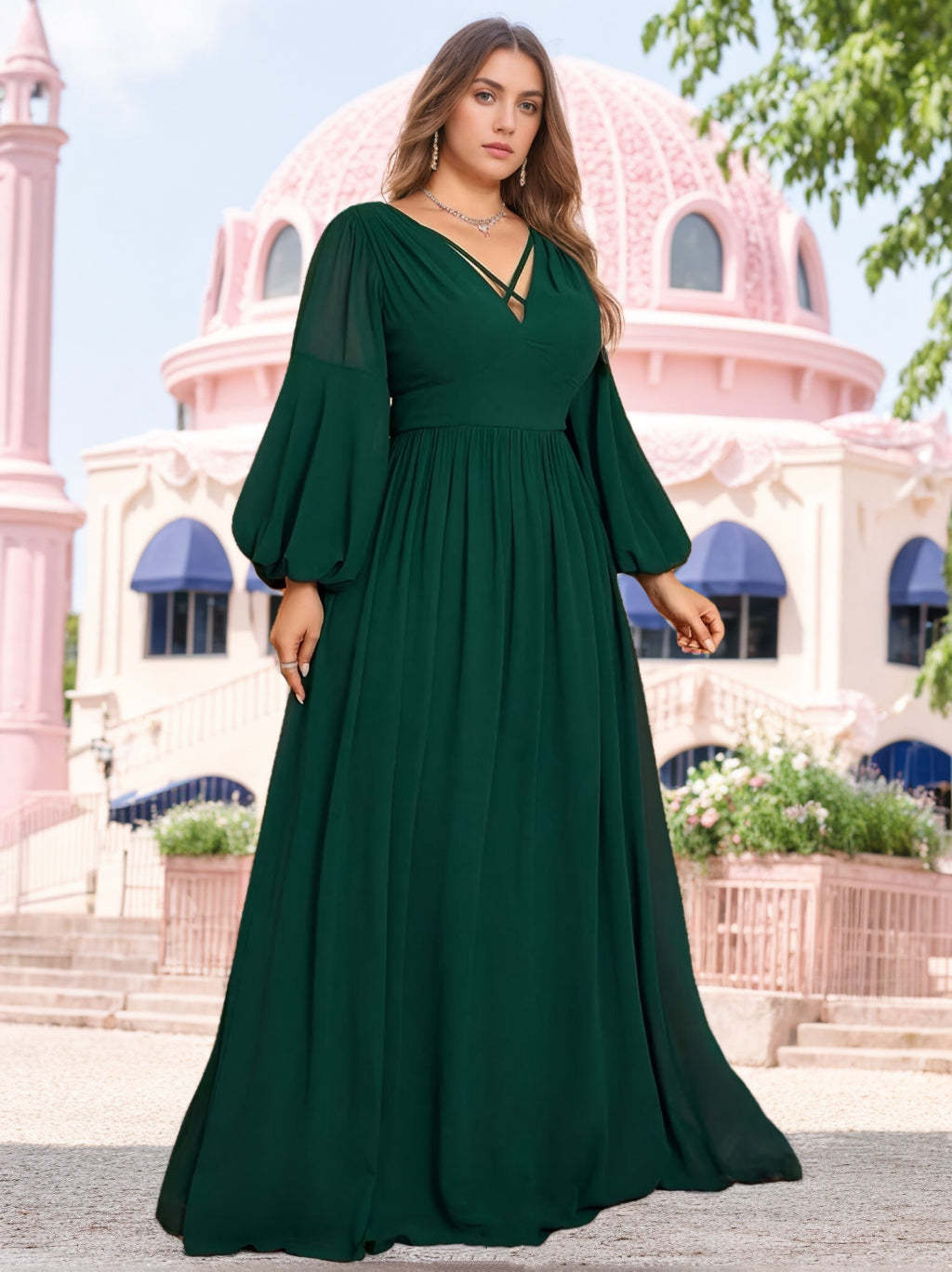 Princess A-Line Floor-Length Plus Size Bridesmaid Dresses with V-Neck and Long Ruffled Sleeves