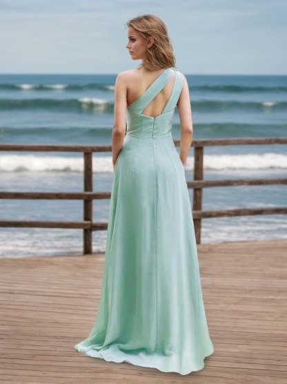 One-Shoulder Floral A-Line Floor-Length Bridesmaid Dress with Side Split