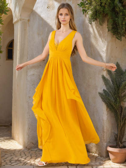 Princess A-Line Floor-Length Chiffon Bridesmaid Dress with Ruffles and a Deep V-Neck
