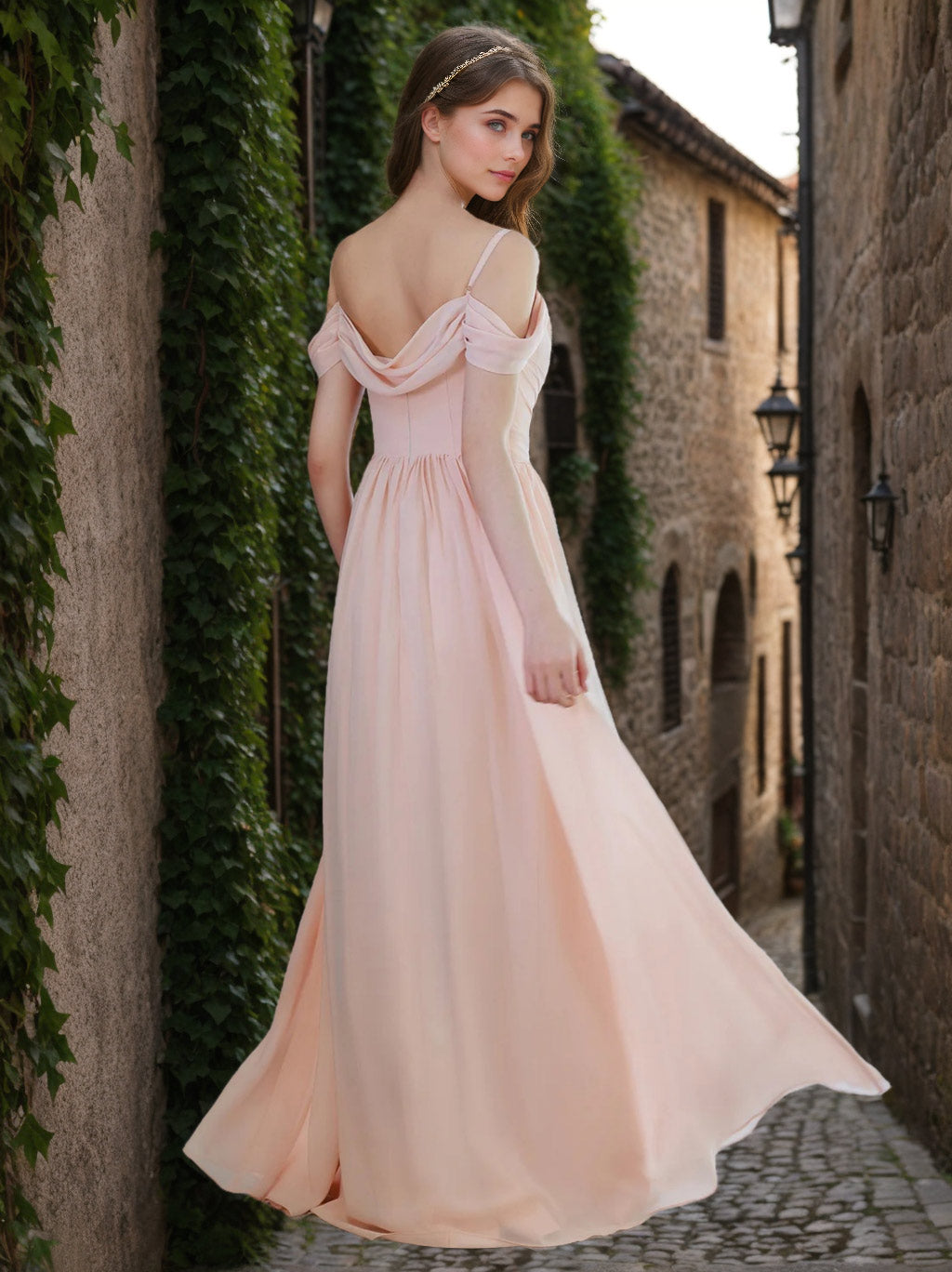 Spaghetti Strap Floor-Length Chiffon A-Line Bridesmaid Dress with Ruffles